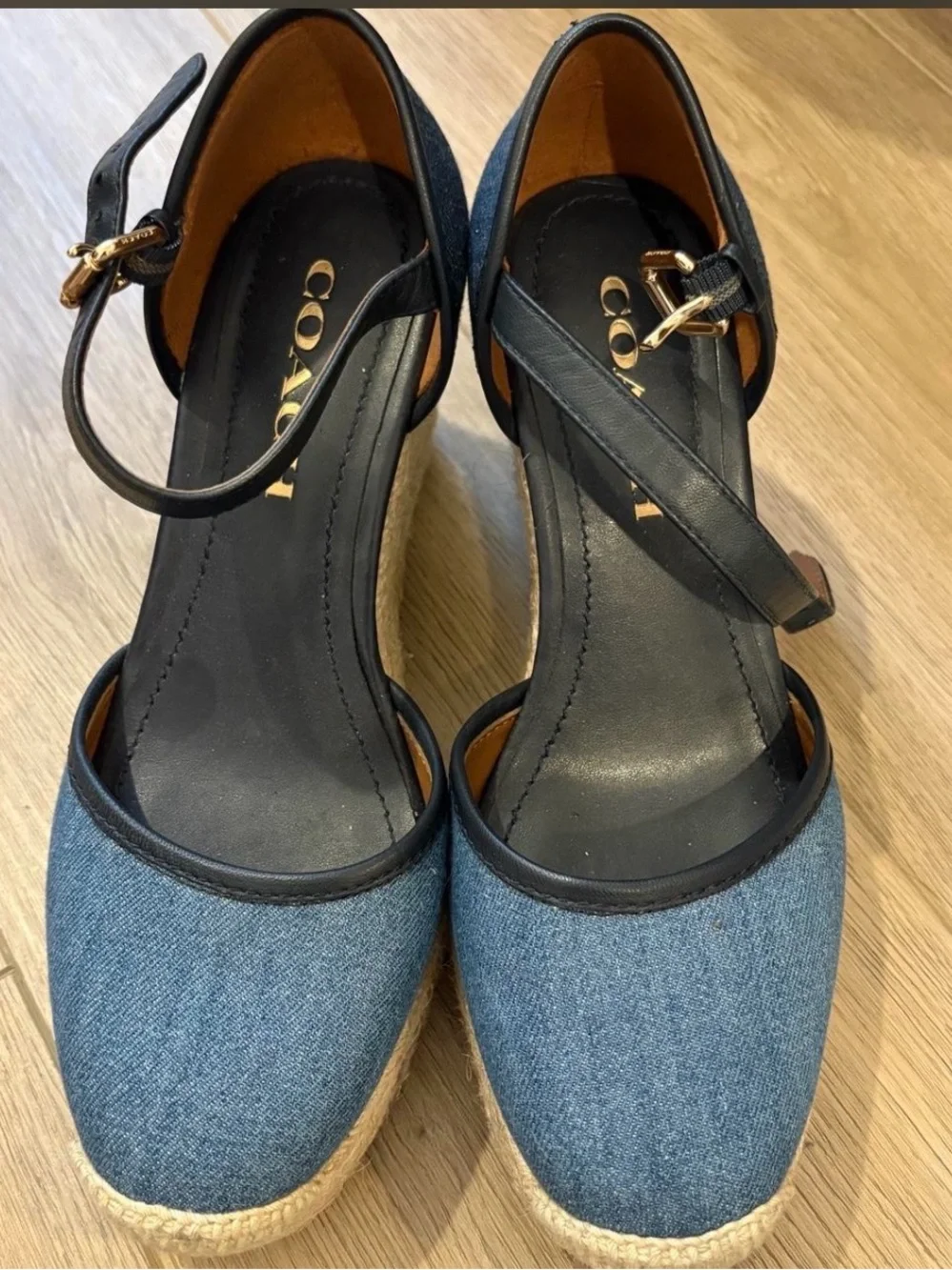 Coach Denim Wedge Sandals with Navy Trim and Ankle Strap